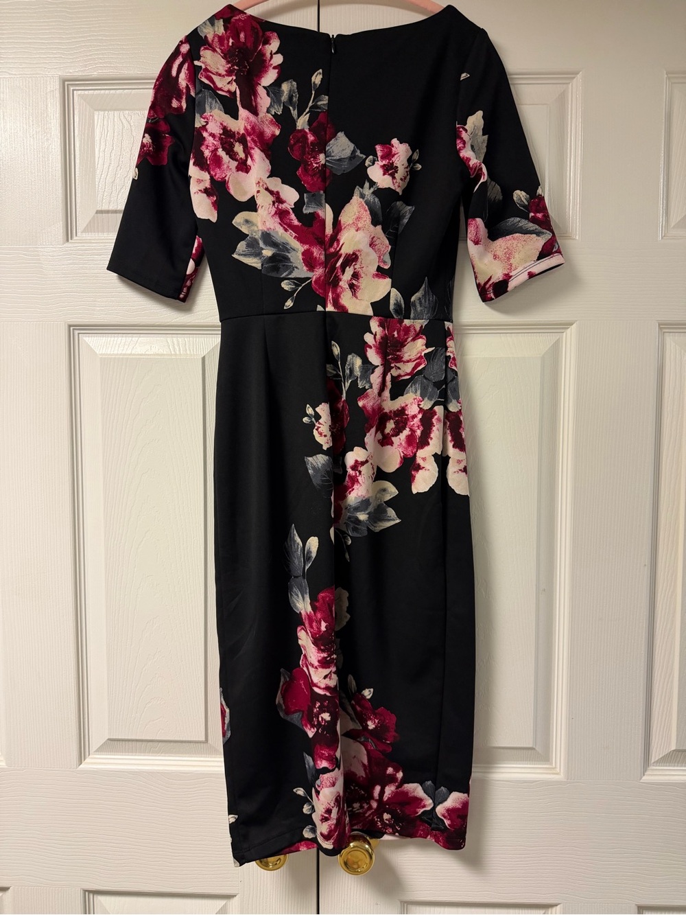 White House Black Market Black Midi Dress with Burgundy and Cream Floral Print - Picture 4 of 4